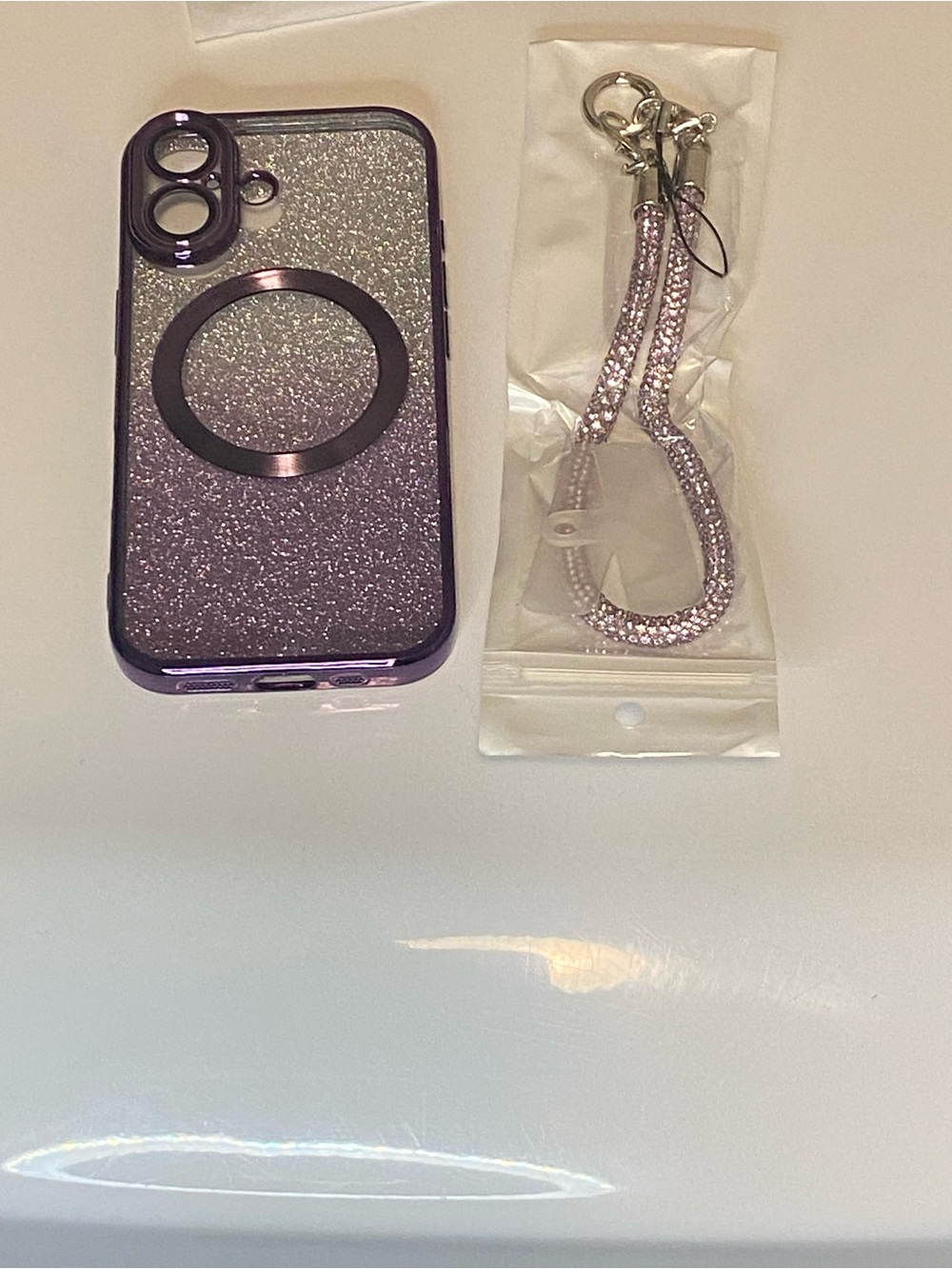 Glitter Purple Magnetic Ring Phone Case with Matching Sparkle Wrist Strap